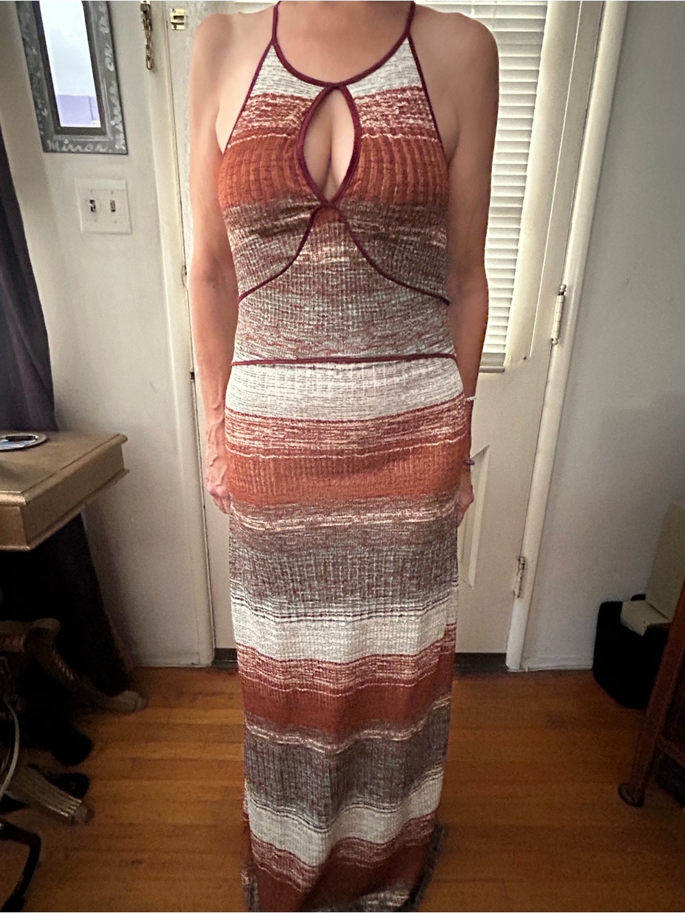 Free People Ribbed Halter Keyhole Maxi Dress in Rust, Cream, Brown
